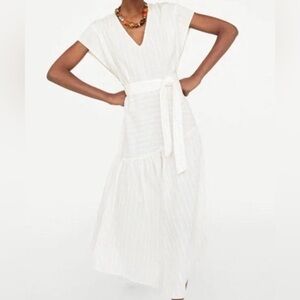 ZARA Woman Premium Denim Collection Cream Tie Waist Midi Dress L Boho V Neck